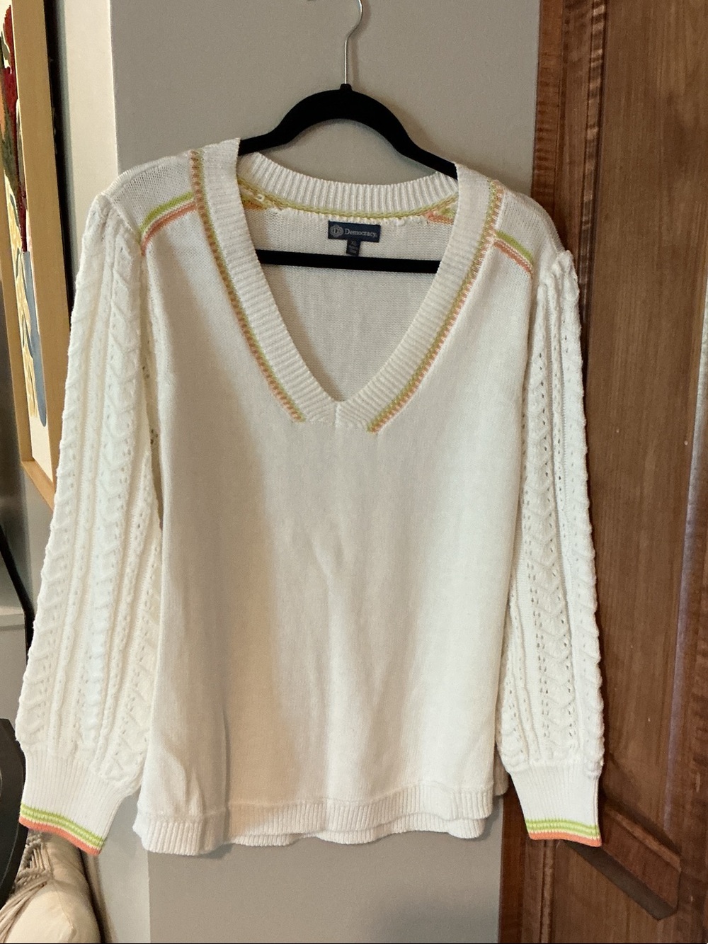 Democracy Cream V-Neck Sweater with Orange & Green Trim Sz XL 100% Cotton U Hem